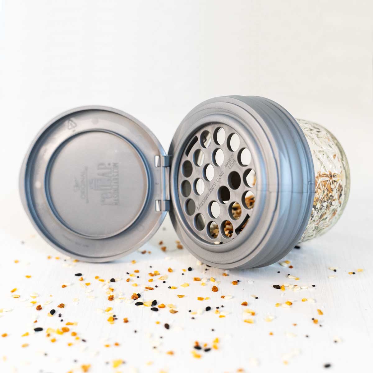 A large-hole reCAP Mason jar shaker lid.
