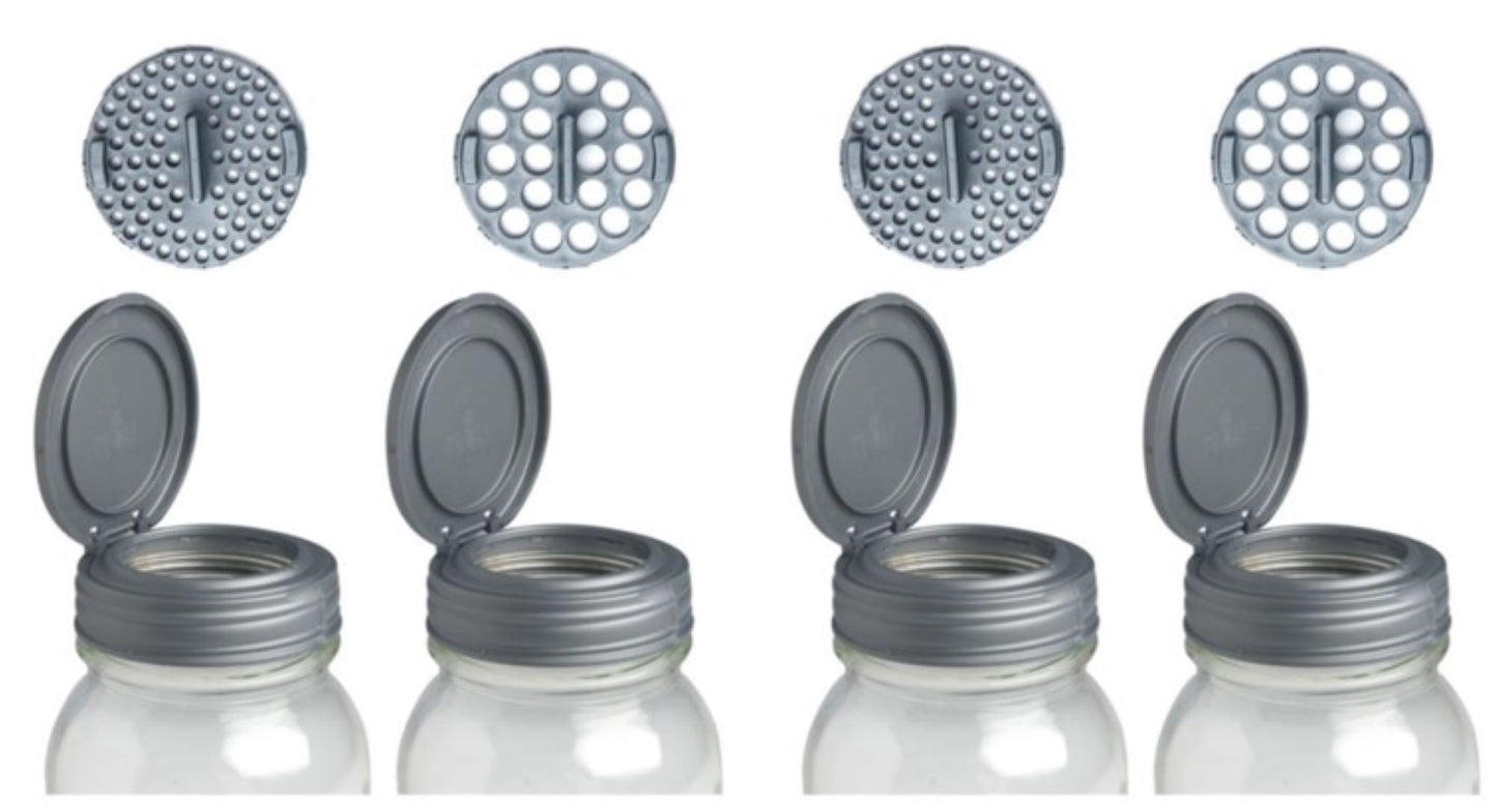 A picture of four Mason jar shaker lids.