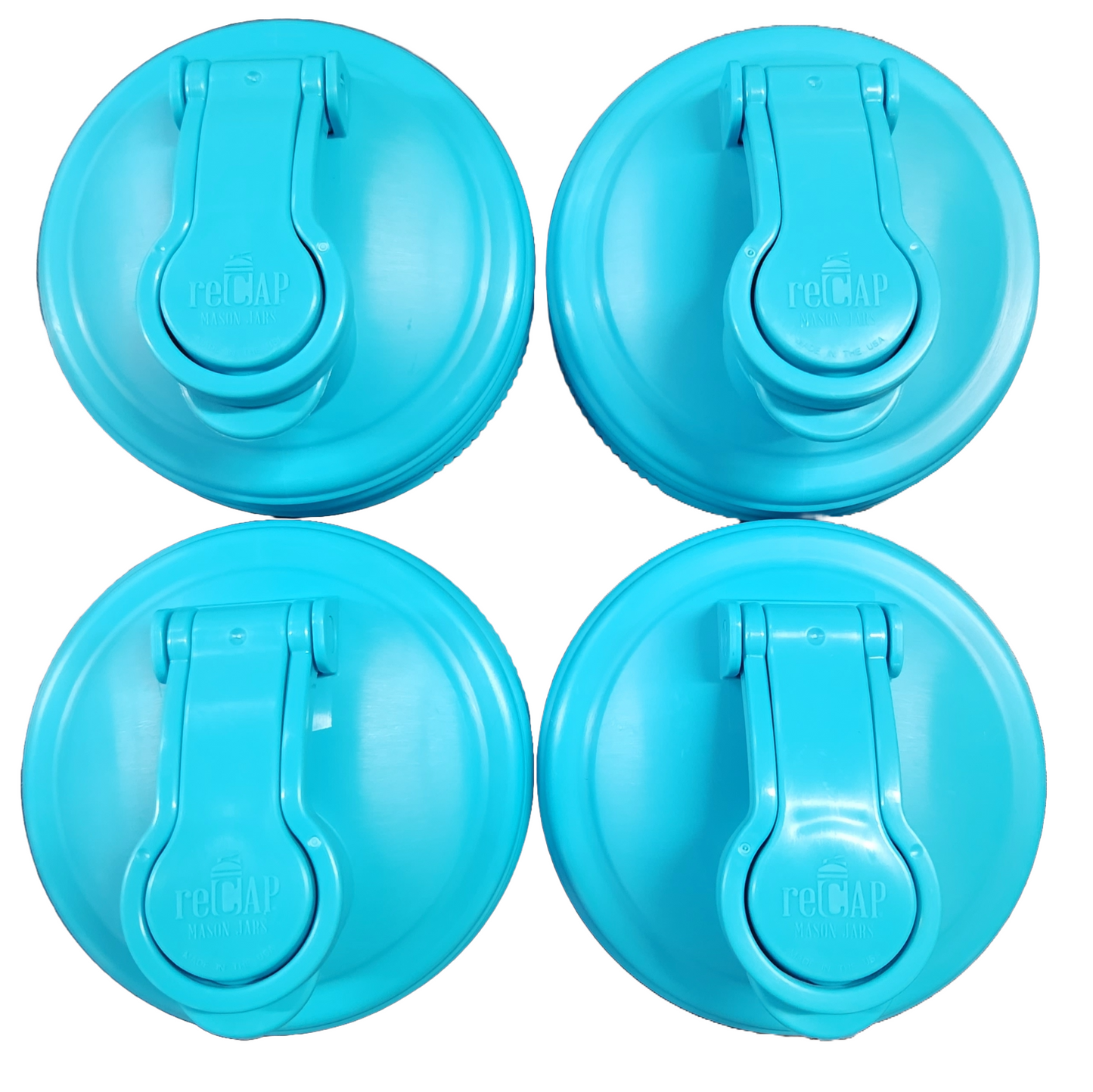 Four blue Mason Jar POUR Lids.