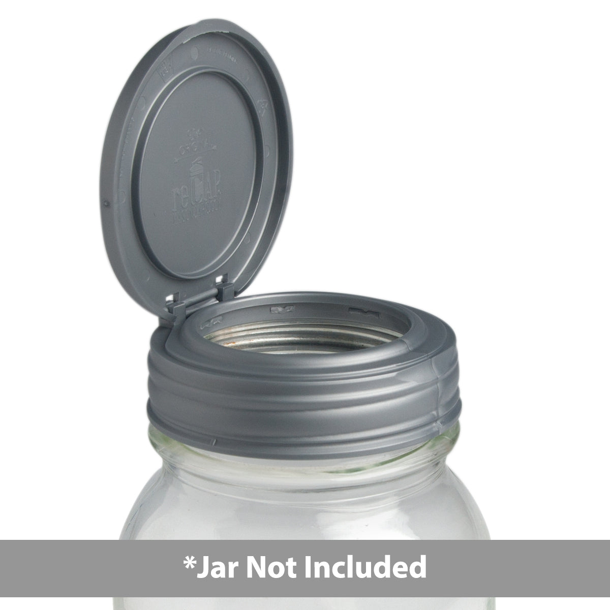 A close up of a silver reCAP® Regular Mouth Mason Jar FLIP Top Lid