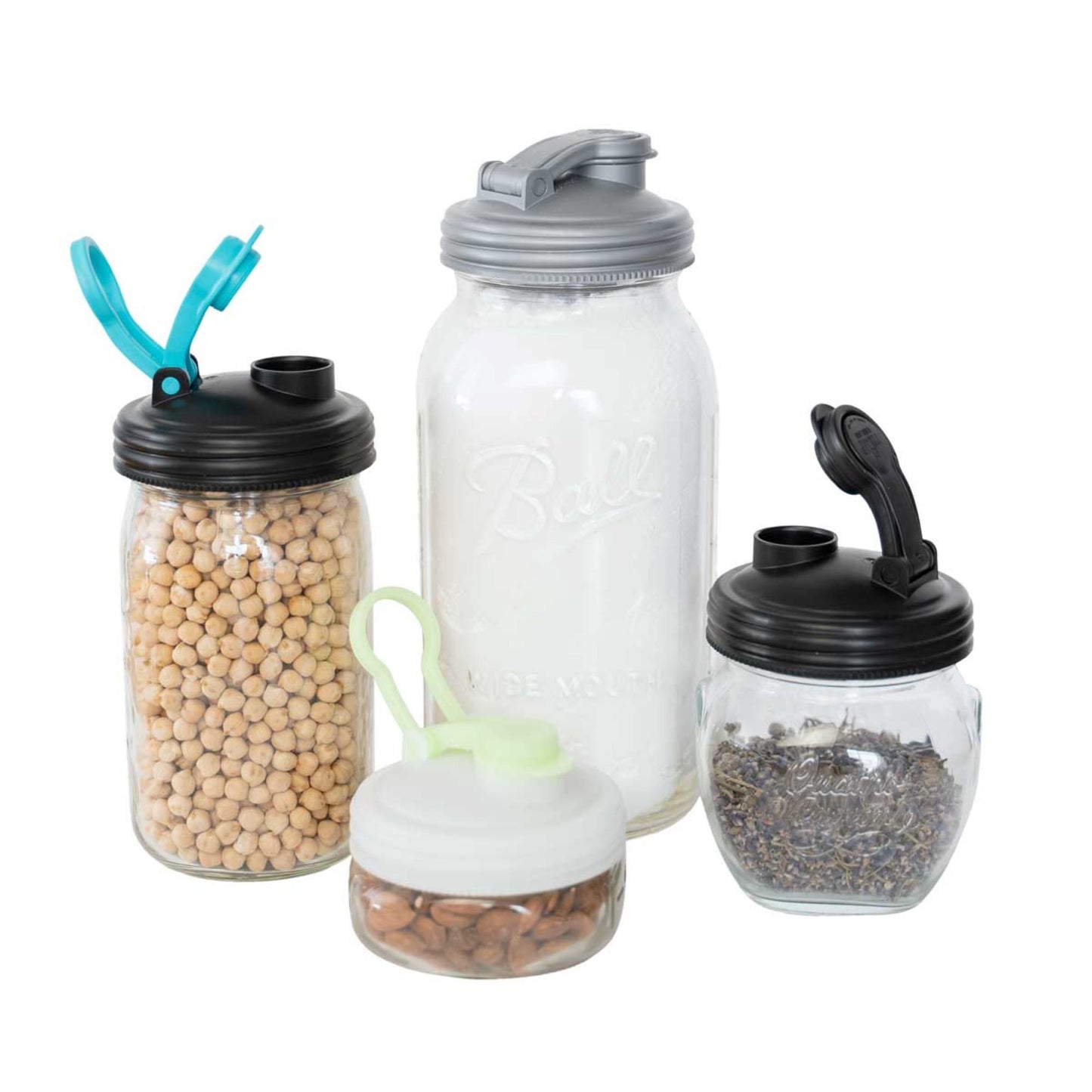 Four different color combos of Mason Jar POUR lids.
