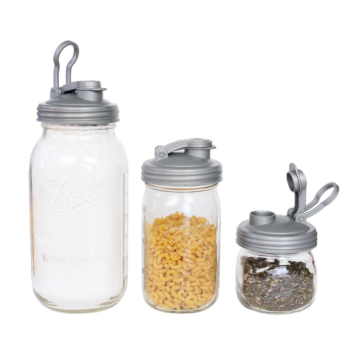 Three jars with silver Mason Jar POUR Lids