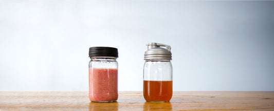 ginger strawberry kombucha smoothie in recap mason jar