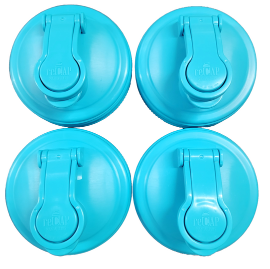 Four blue Mason Jar POUR Lids.