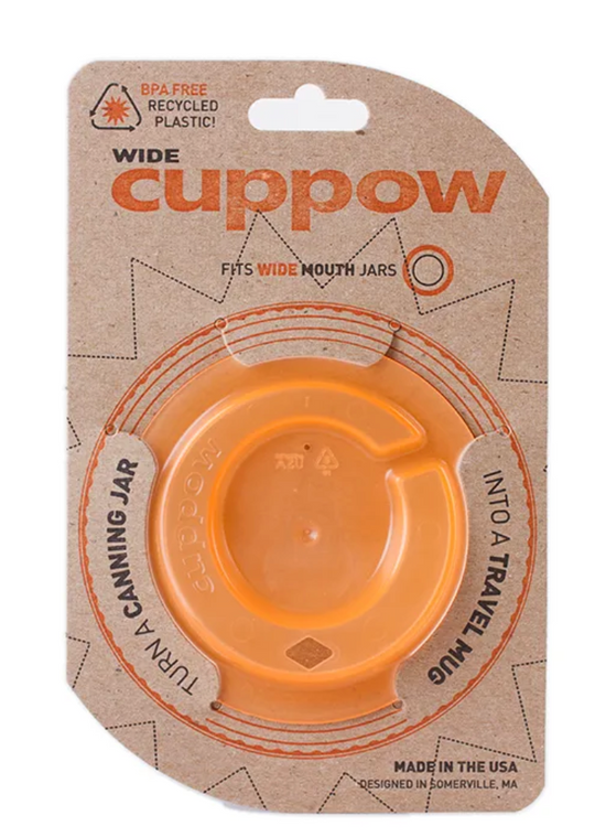 Orange Cuppow wide mouth Mason jar drinking lid