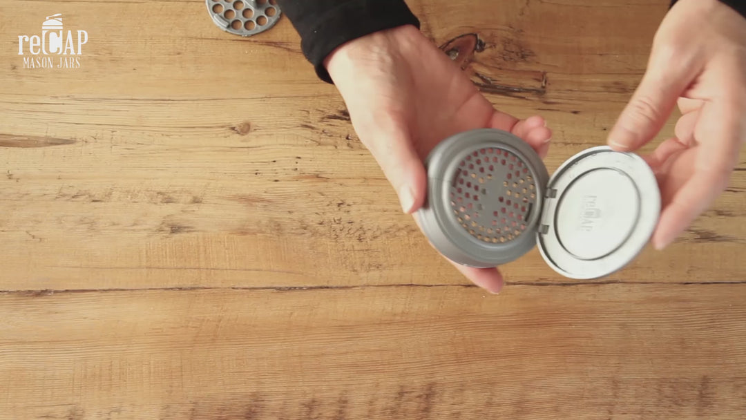 A video of how to use the reCAP Mason jar shaker lid