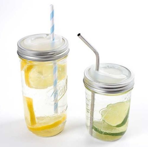 Set Of 3 Glass Drink Jars With Lid for Straw Red Lids Drinking Jars